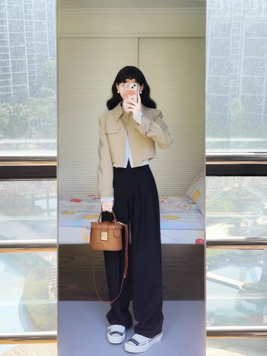 Frosty high-end suit autumn fashion foreign style small fragrance short jacket coat wide-leg pants two-piece set for women