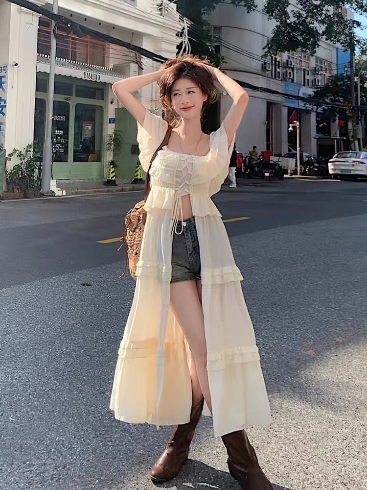 Sunscreen cardigan, small flying sleeves, one-shoulder dress, fairy su