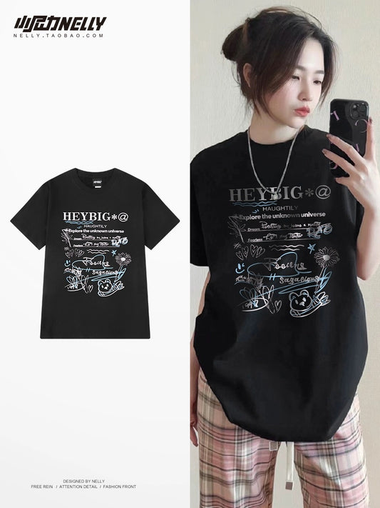 Short-sleeved T-shirts for men and women tops for summer pure cotton ins trendy brand cartoon print loose half-sleeved heavy bottoming shirt bf