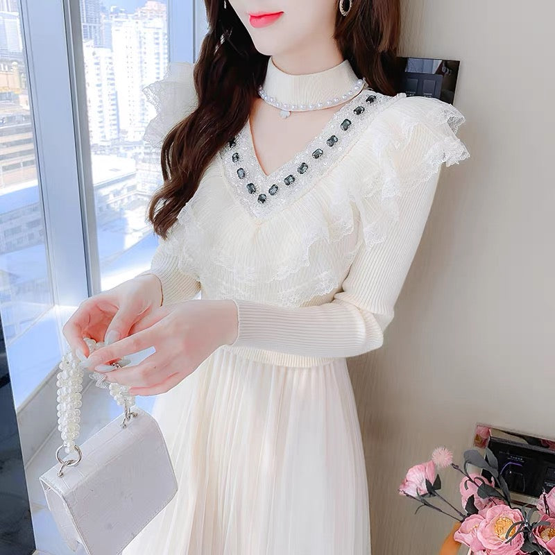 lolita gentle style dress women's autumn and winter 2022 new design niche slim temperament celebrity knitted skirt