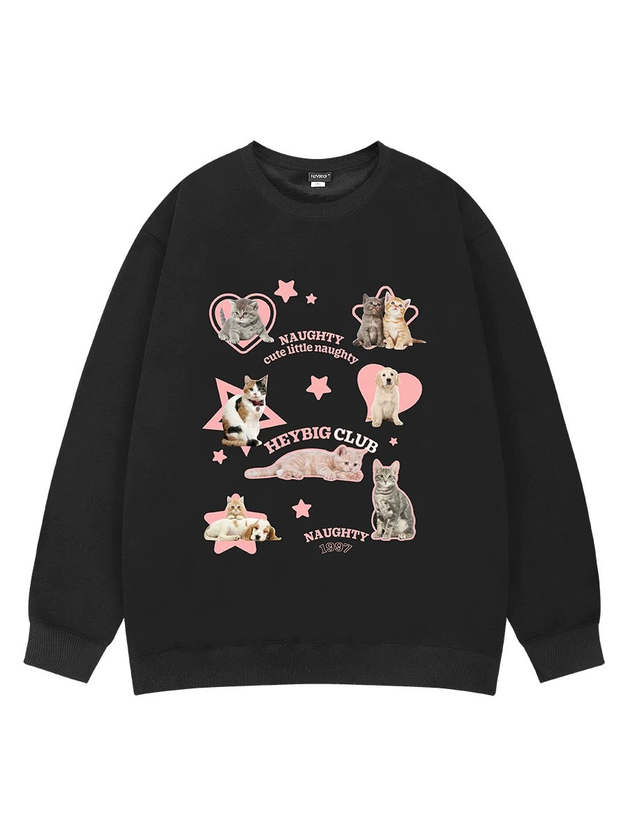 Retro plus velvet winter cat and dog sweatshirts for men and women trendy brand ins round neck couple oversize American jacket