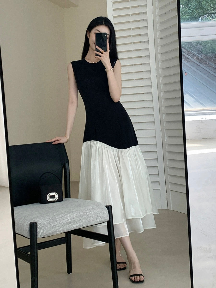 FT GUOGE black dress female 2024 summer new French style waist slim contrast color sleeveless long dress