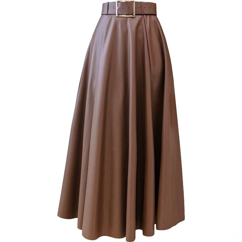 Brown leather skirt 2023 new high-waisted pleated A-line skirt for women autumn and winter mid-length hip-covering long skirt