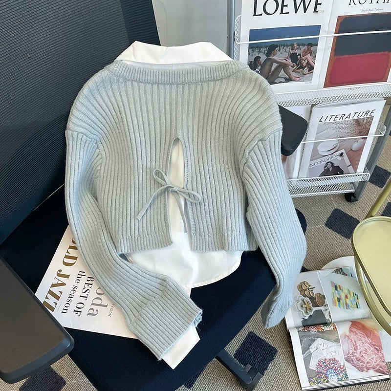 Sweater women's autumn new college style splicing fake two-piece design short temperament long-sleeved sweater top trendy