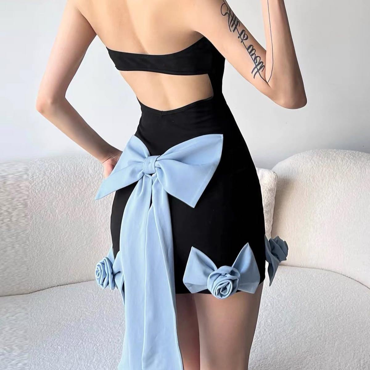 KLIOU sweet and cool design milk blue bow tube top dress for women, backless slimming hip skirt
