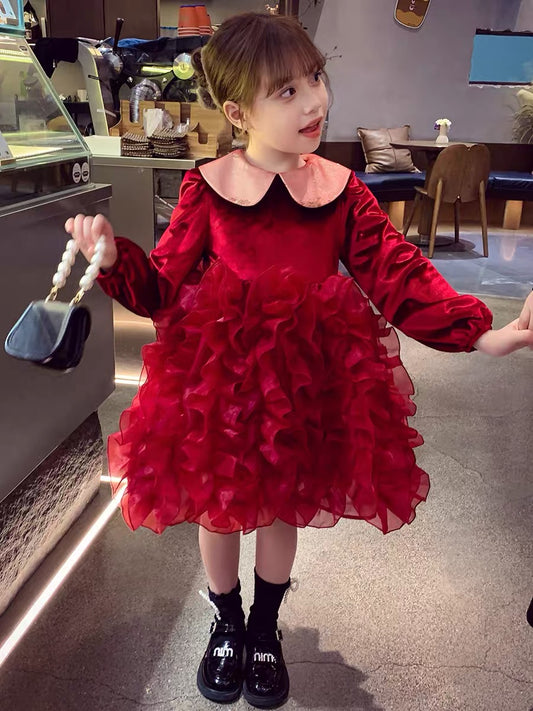 Girls Dress Winter Wear 2023 New Style Children's Mesh Princess Dress Little Girl Red Dress New Year's Dress
