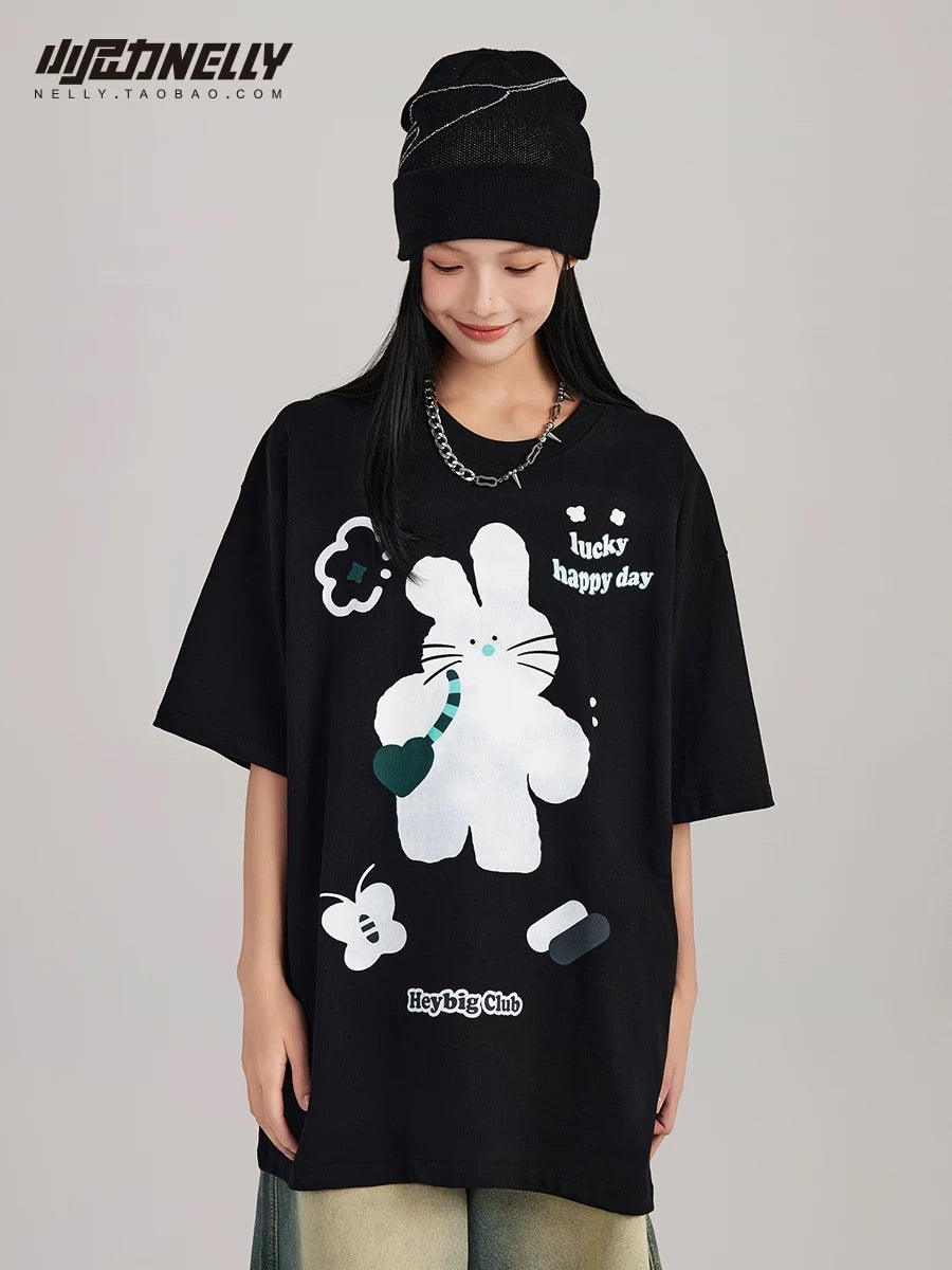 College style American cartoon cat print short-sleeved T-shirt for men and women ins summer trendy brand pure cotton casual all-match tops