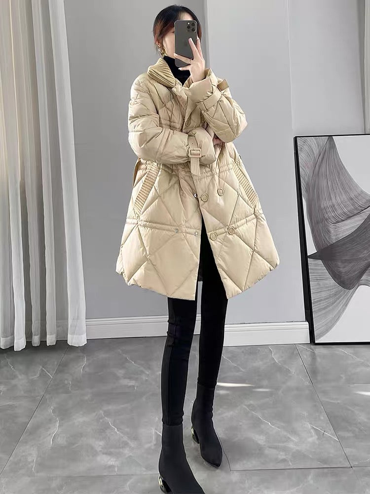 Khaki rhombus stitching stand collar down jacket for women winter 2023 new Korean style lace-up waist mid-length coat