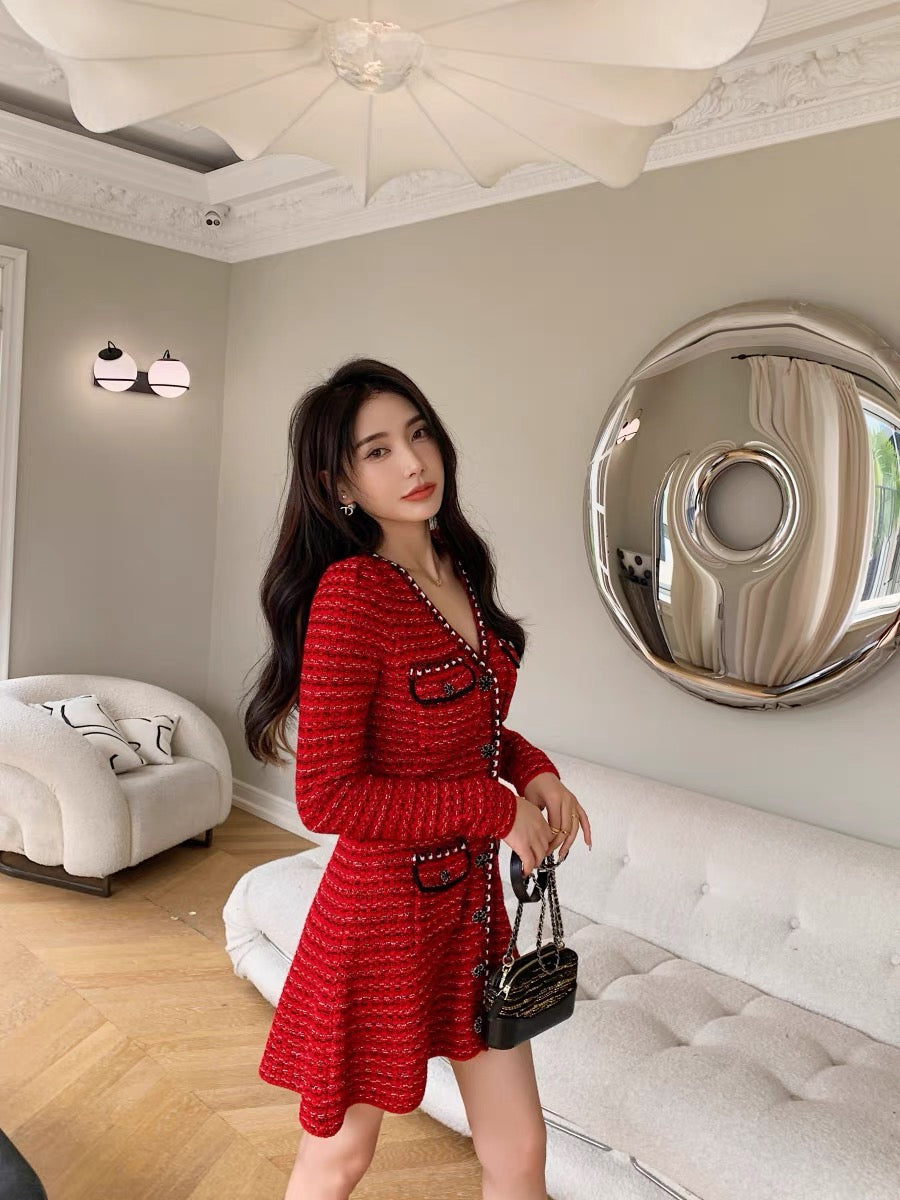 Autumn new Christmas and New Year festive red long-sleeved V-neck knitted cardigan dress dominating sweater umbrella skirt (D169)