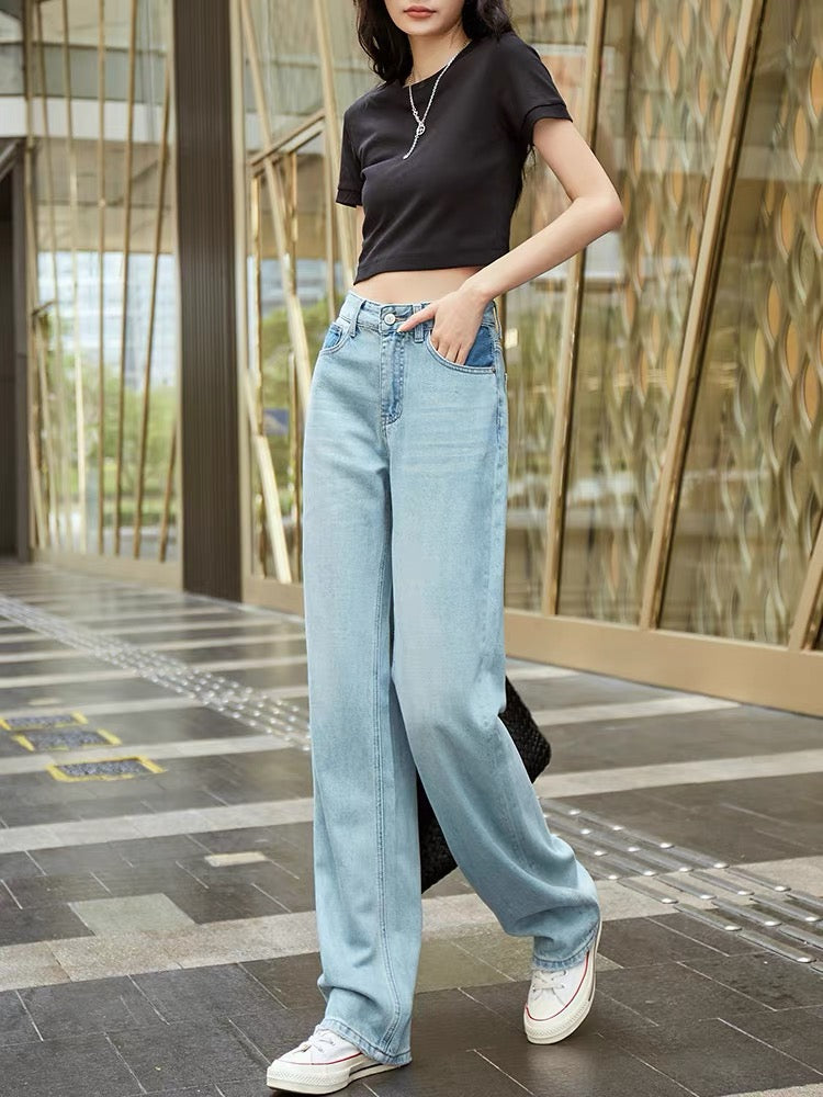 High-waisted loose straight wide-leg jeans for women with drape 2023 new autumn contrasting color slimming floor-length long pants (P125)