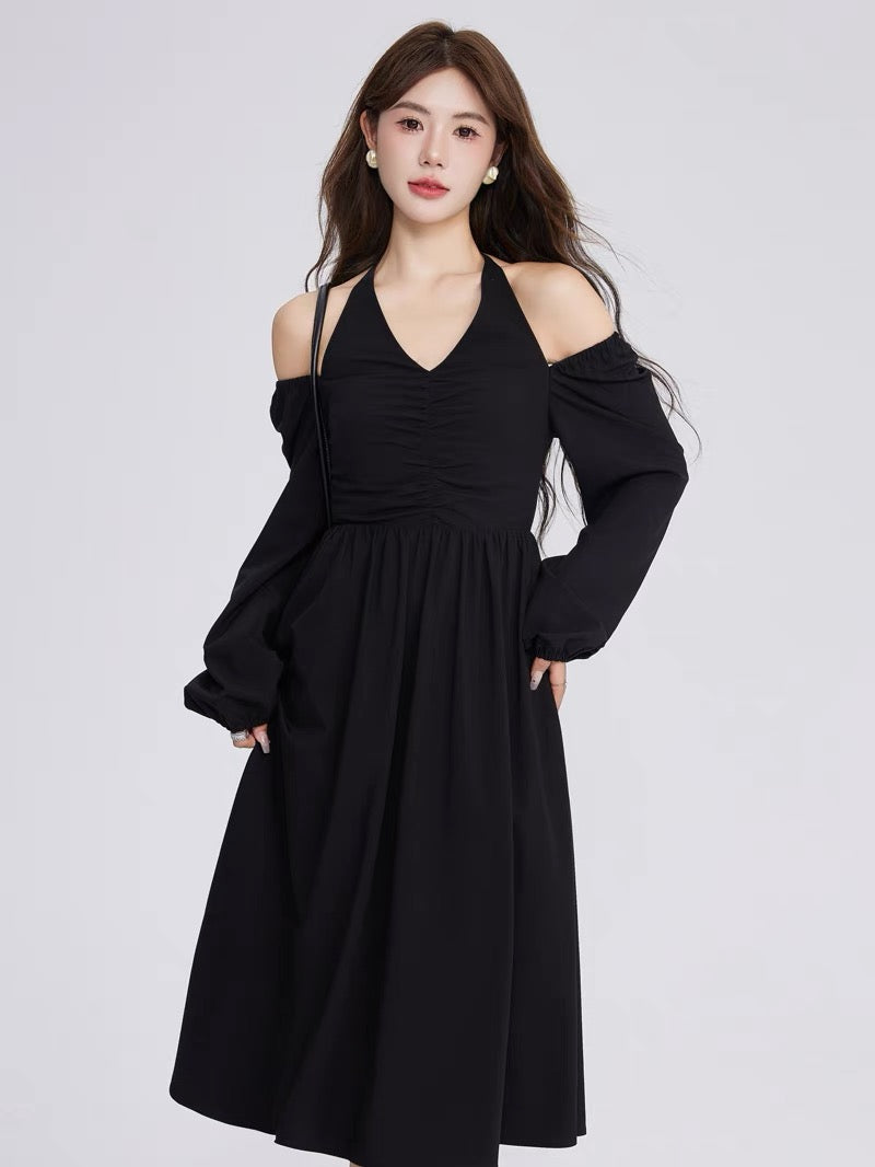 Volstagg black halter neck strapless dress for women autumn high waist Hepburn style mid-length V-neck skirt