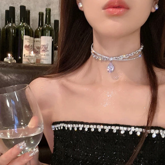 choker exaggerated flash diamond choker women's necklace high-end design niche clavicle chain necklace dinner party accessories