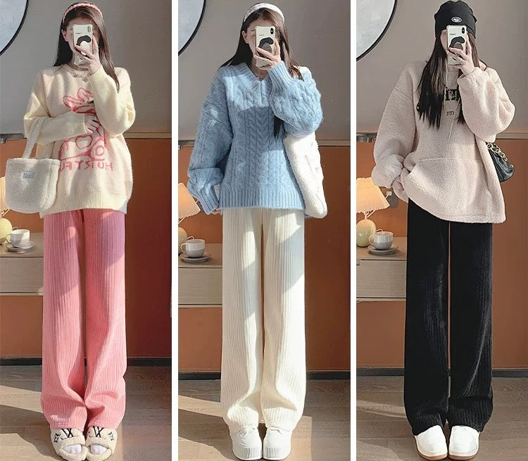 Chenille plus velvet wide-leg pants for women autumn and winter 2023 new high-waist drape casual straight-leg white pants for small people