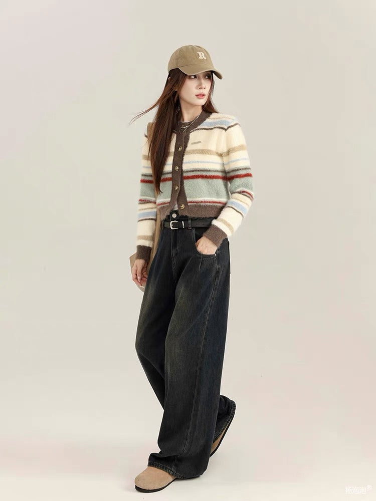 Yang Paopao American retro striped contrasting short sweater jacket for women in autumn small round neck knitted top