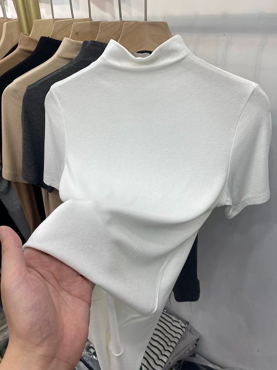 European style half-high collar threaded short-sleeved T-shirt for women 2023 spring and autumn new slimming inner layering shirt top