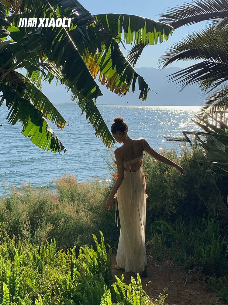 Xiaoli XIAOLI flowers in the mist acetate sling dress long dress spring and summer high-end exquisite holiday fairy gauze skirt