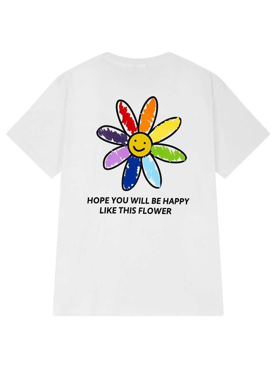 Summer new rainbow smiley sun print short-sleeved T-shirt for men and women 2024 loose couple trendy super hot T-shirt