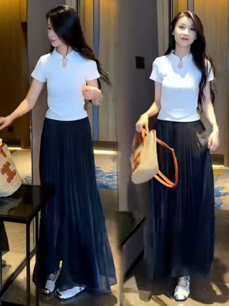 Fashion suit for women 2024 summer new Chinese style light national style slim wide-leg pants skirt temperament