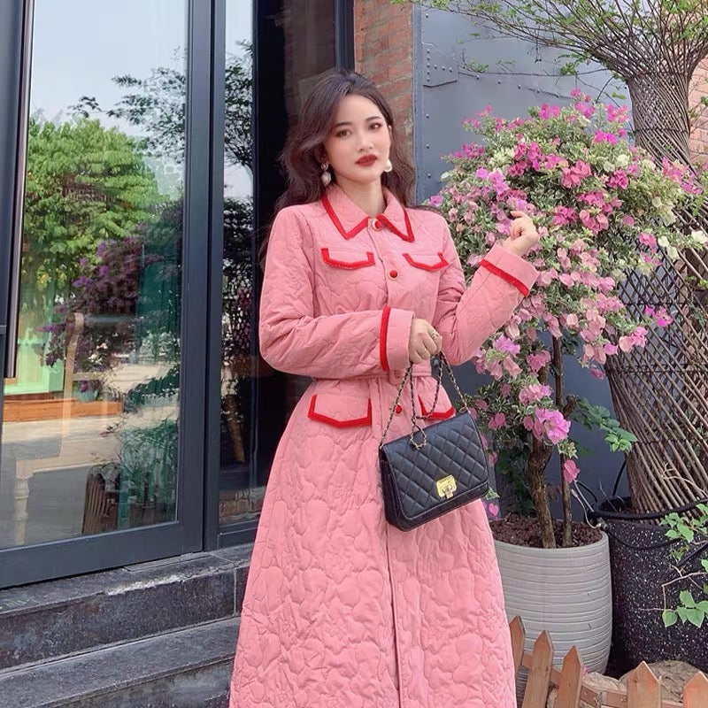 Autumn and winter light cotton over-the-knee coat for women, Korean style cotton jacket, mid-length, contrasting color embossed waist, A-line cotton skirt