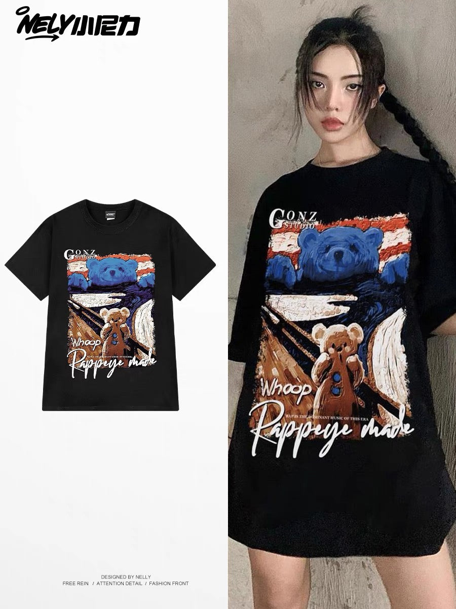 NELY Little Nelly Graffiti Bear Short-sleeved T-shirt for Men and Women 2024 New Summer Fashion Brand Heavy Loose Half-sleeved Shirt