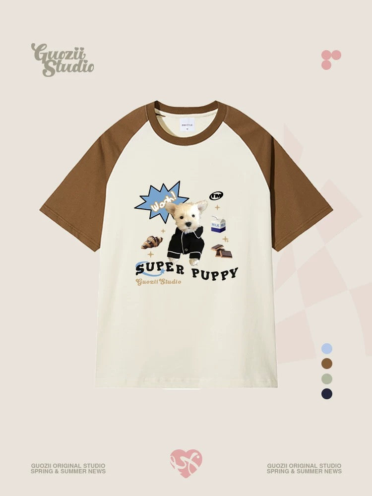 Guozii cute puppy raglan short-sleeved T-shirt female original design small oversize pure cotton top summer