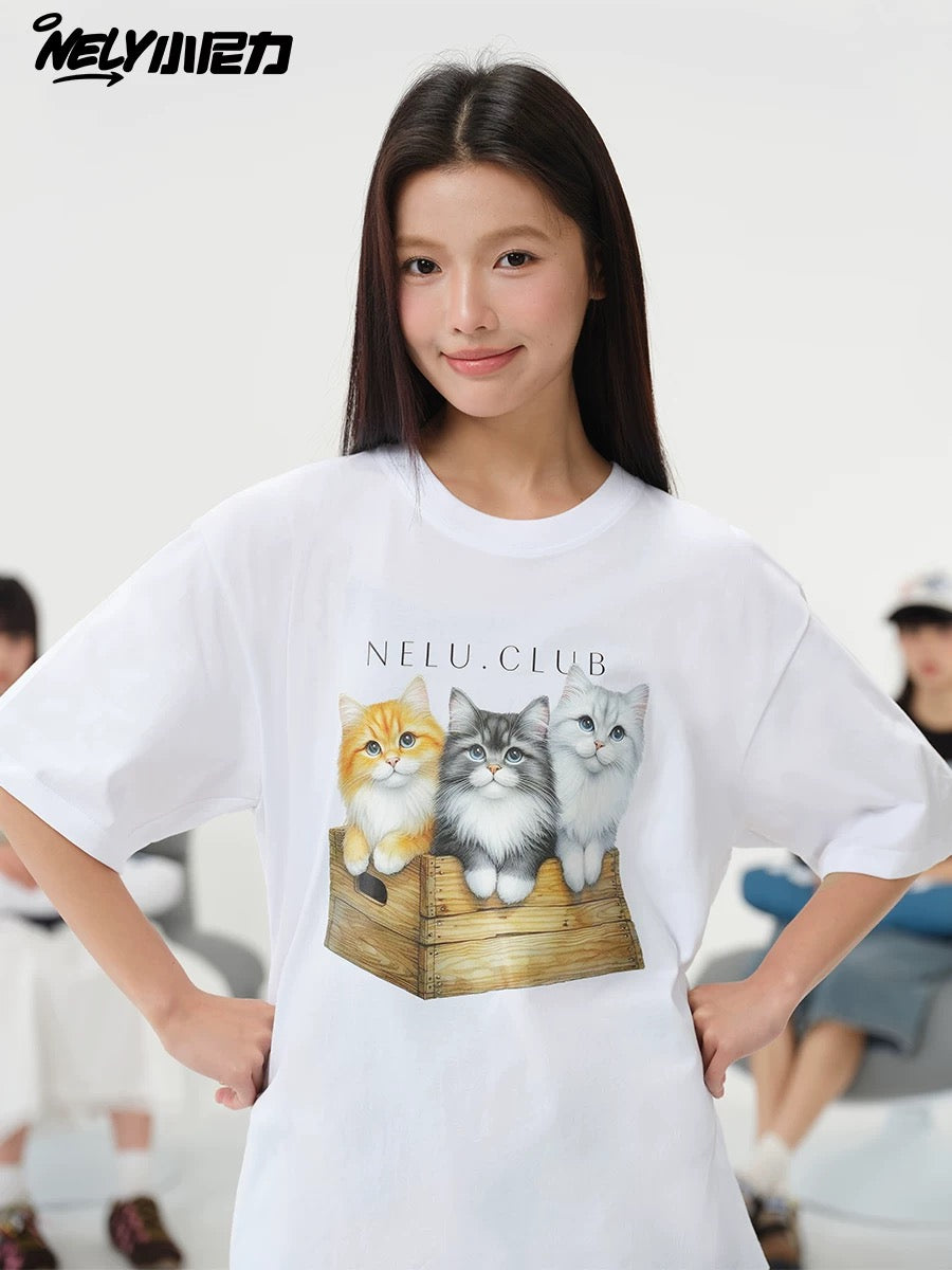 American cartoon cat print round neck short sleeve men and women summer 2025 couple pure cotton t-shirt half sleeve bottoming shirt trend