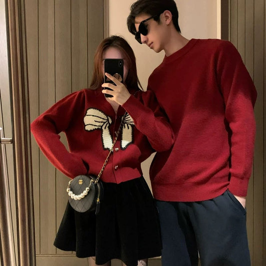 Ajie's couple's outfit for autumn and winter New Year's red sweaters for men and women, Korean style loose French sweaters, jackets, trendy brands