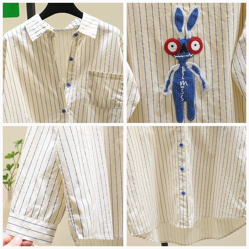 Design sense age-reducing blue striped shirt for women 2024 spring new style literary style loose casual shirt tops