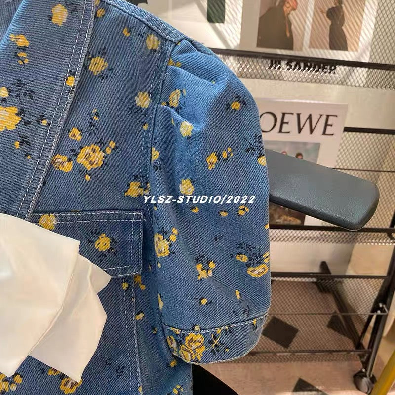 YLSZ Customized~2023 New Little Fragrance Sweet Two-piece Set Western Style French Floral Denim Short Top Set (S113)