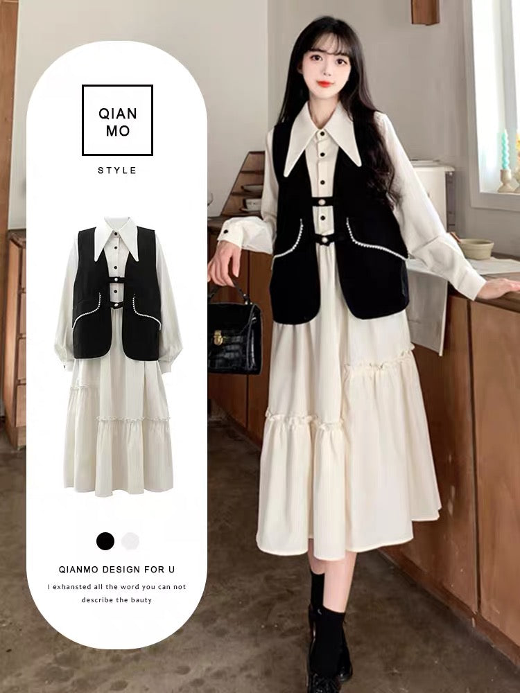 Black vest dress suit women's autumn new high-end French retro