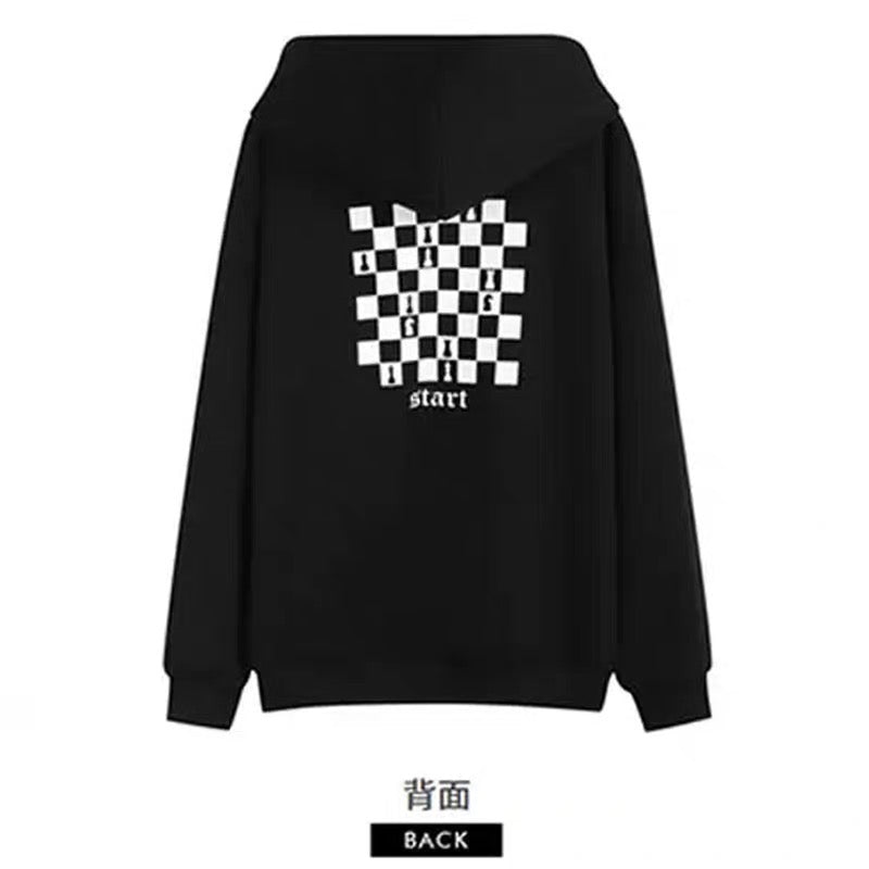 High-end loose drawstring hooded sweatshirt for women 2023 spring and autumn woolen skirt houndstooth skirt two-piece suit (S0343)