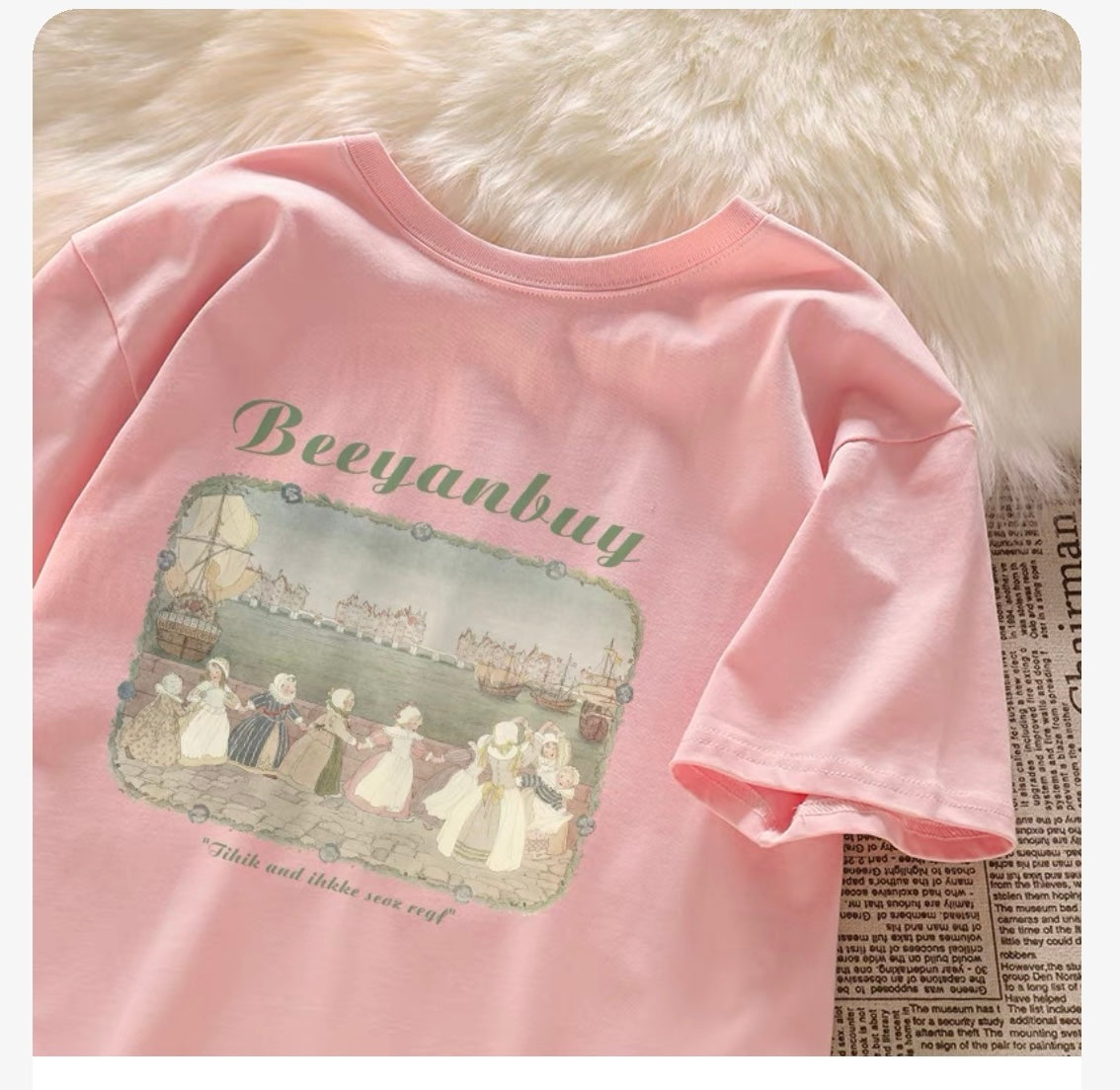 Color matching yyds! Summer straight shoulder short-sleeved T-shirt for women with loose and age-reducing design and printed versatile bottoming shirt top
