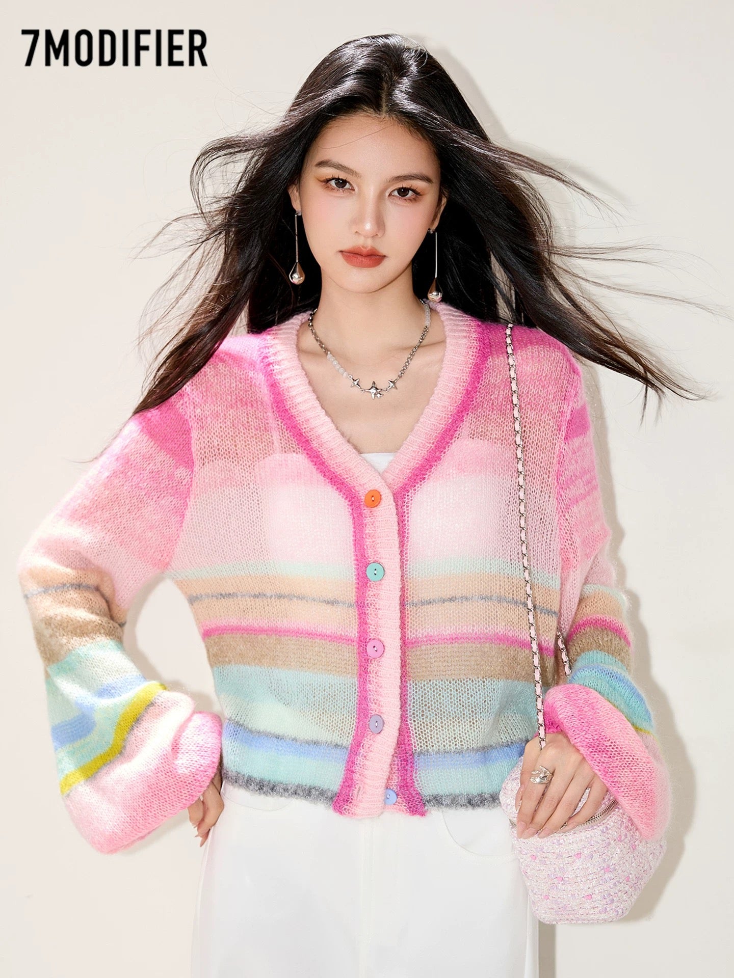 La Chapelle 7M2025 autumn Korean fashion rainbow striped V-neck single-breasted long-sleeved knitted sweater top