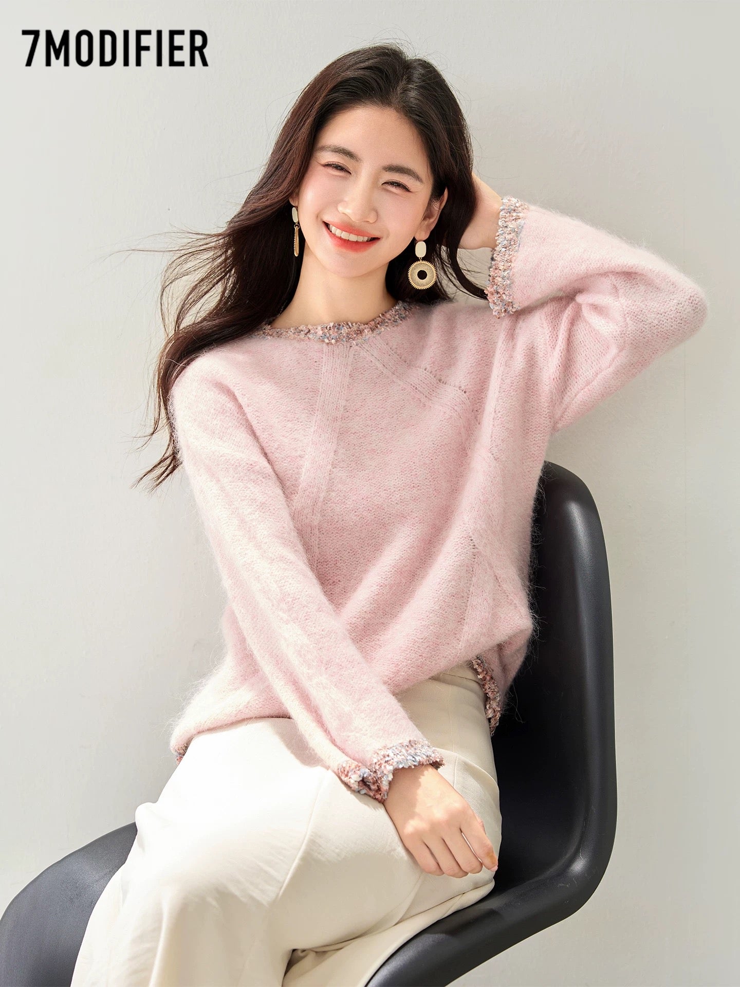 La Chapelle 7M2025 autumn Korean style temperament lace stitching round neck pullover long sleeve sweater top women