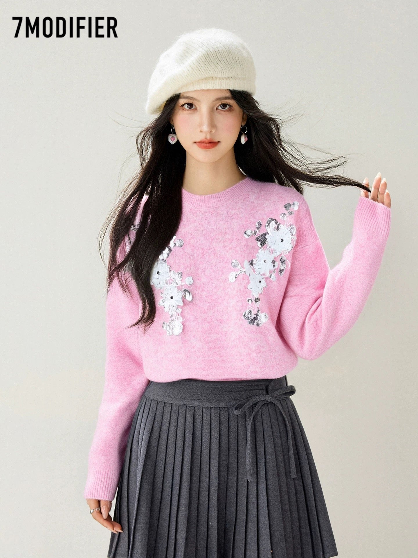 La Chapelle 7M2025 autumn high-end three-dimensional flower sequin design round neck long-sleeved knitted sweater top