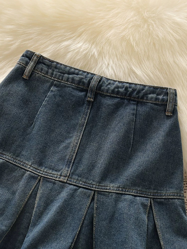 Four seasons all-match king ~ high waist denim skirt for women in summer, small design, pleated skirt, slim A-line short skirt