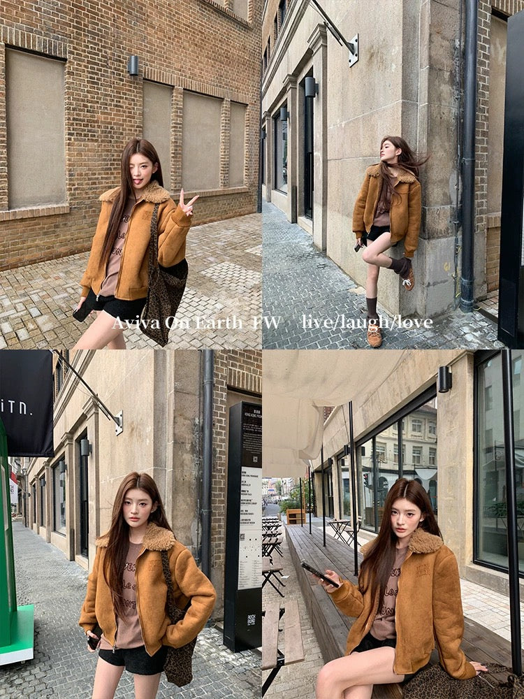Earth Store miu style hot style American brown suede sherpa retro Maillard thick coat for women in autumn and winter