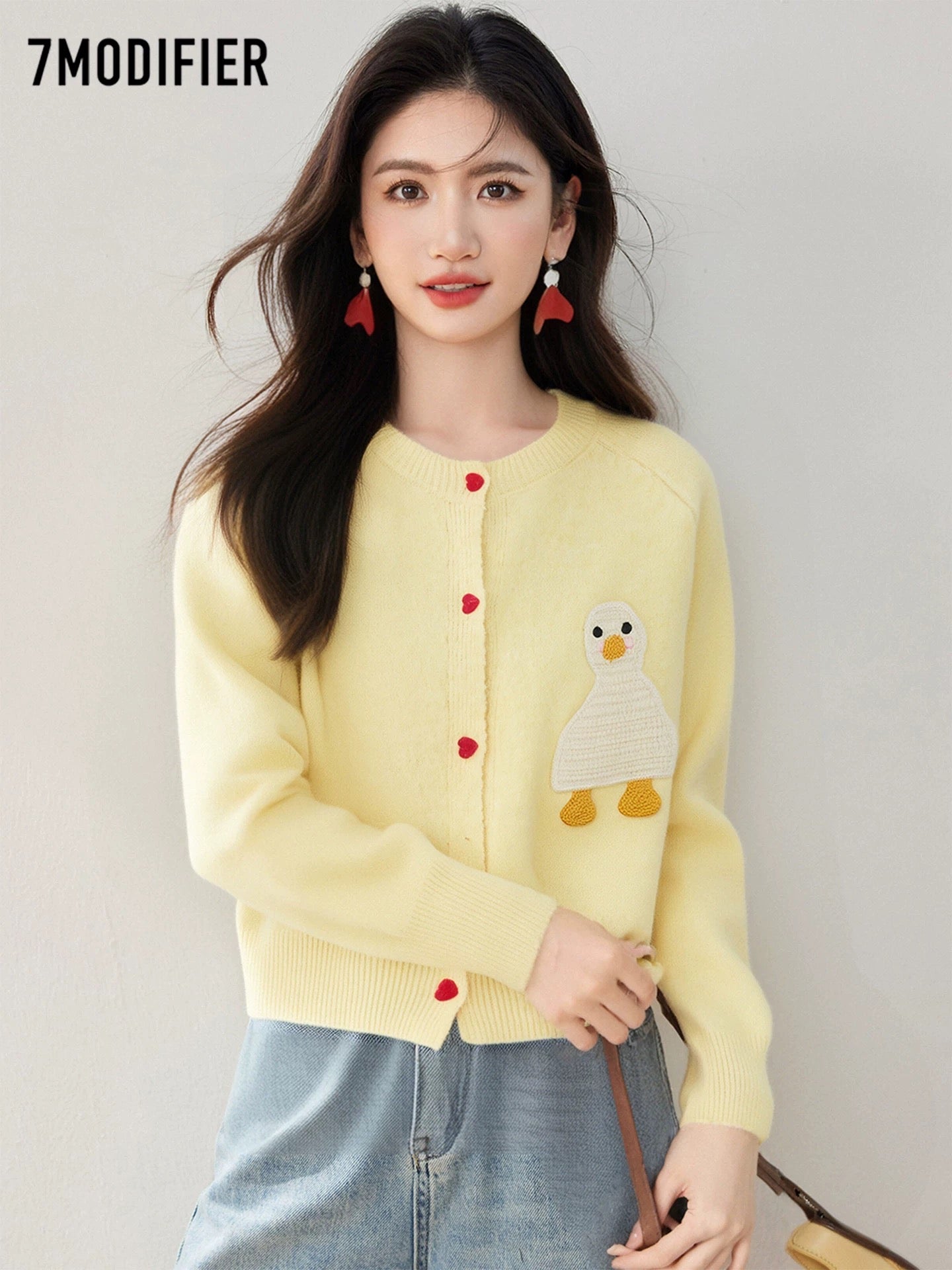 La Chapelle 7M 2025 autumn fashion cartoon pattern love button design long-sleeved knitted sweater top for women