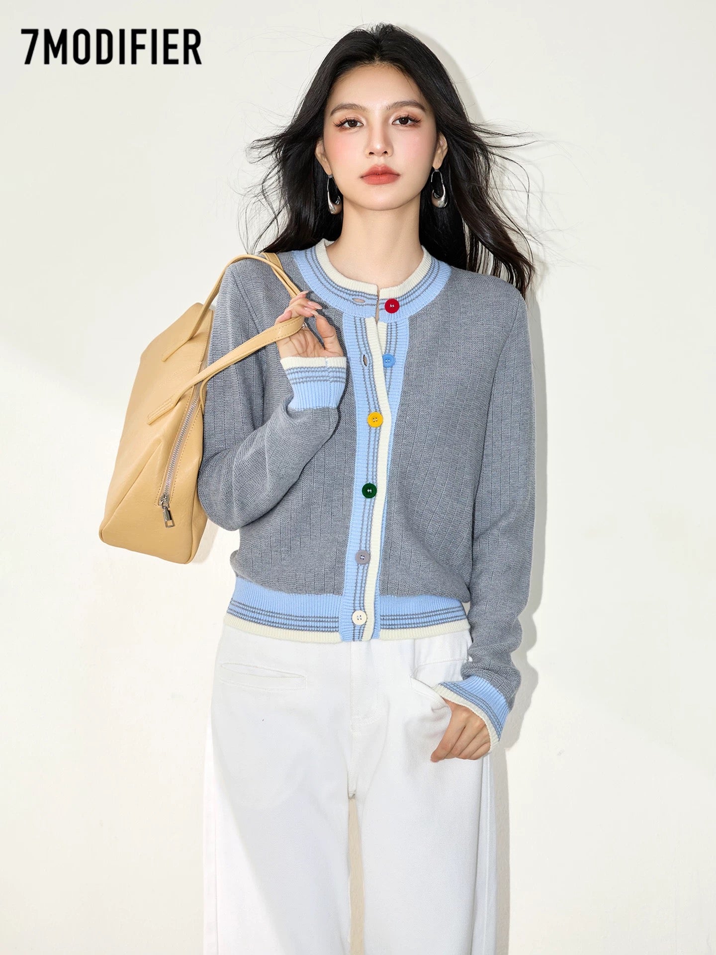 La Chapelle 7M2025 autumn fashion color button color matching round neck all-match long-sleeved knitted sweater tops for women
