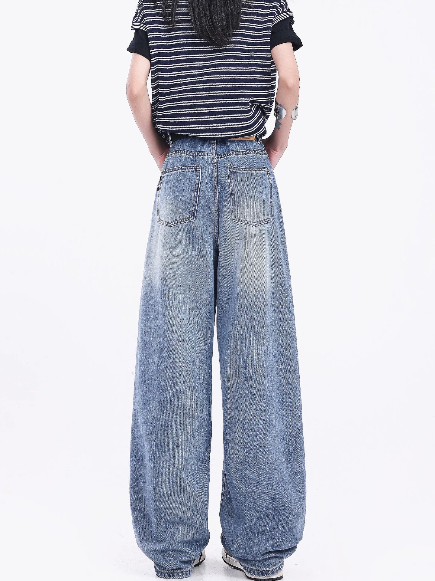 KEN STUDIO American retro blue straight jeans women's summer new high waist wide leg casual pants trousers