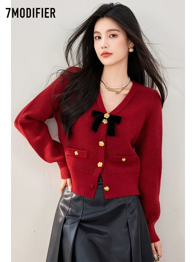 La Chapelle 7M2025 Autumn Red New Year Spring Festival Zodiac Year Fashion All-match Knitted Sweater Top Cardigan Women