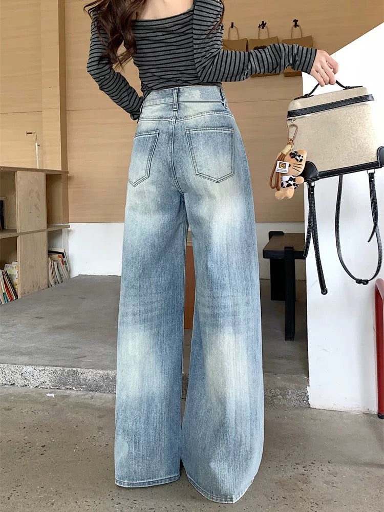 Kumikumi American Retro Distressed Washed Blue Jeans for Women, Winter Slimming Loose Wide-Leg Straight Leg Pants