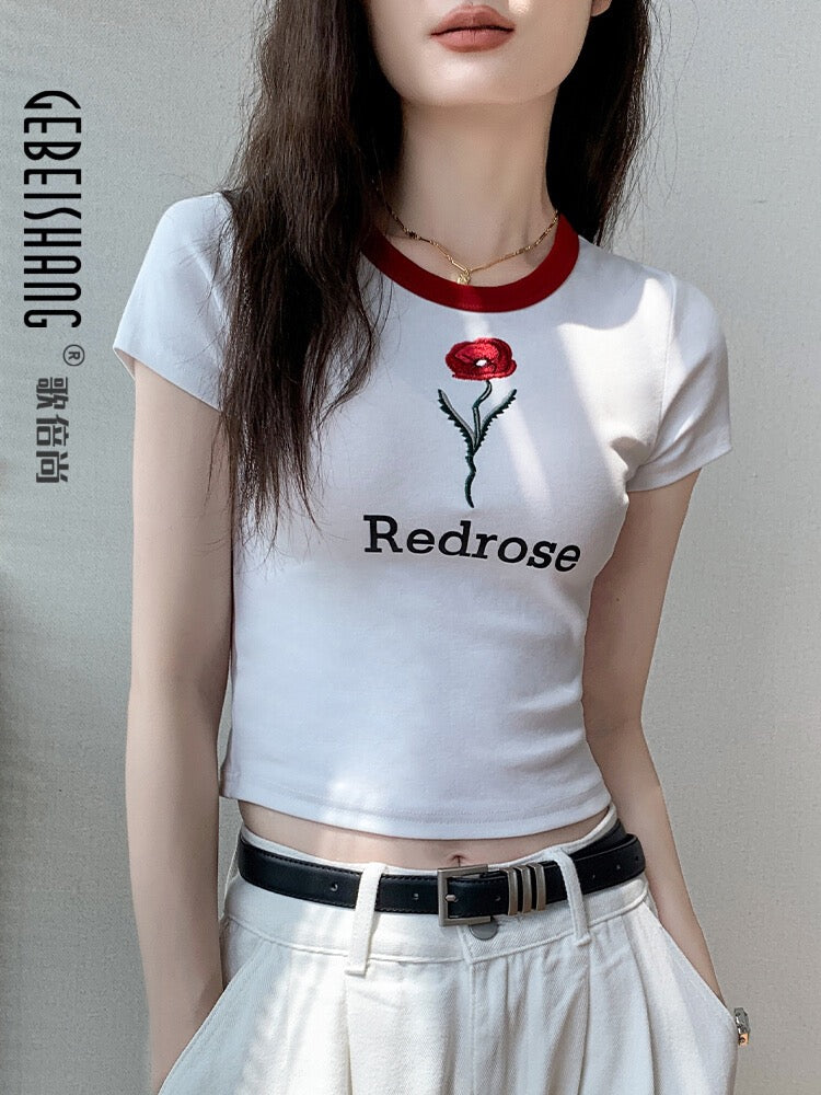 Gebeishang white short-sleeved T-shirt for women 2025 summer rose embroidery design straight shoulder short round neck top