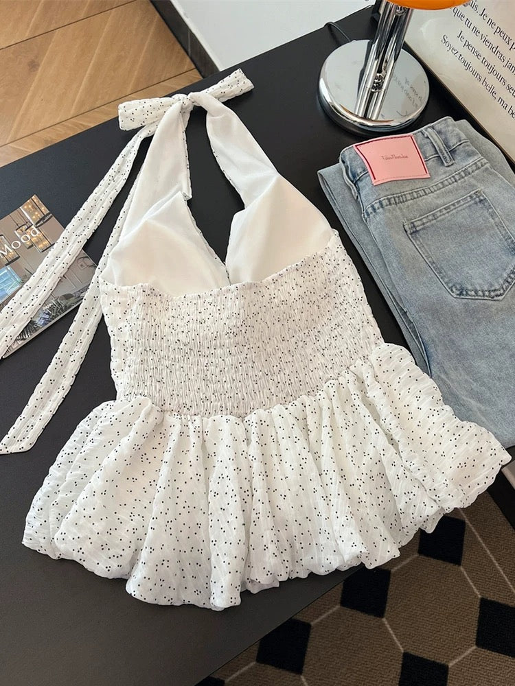 Jade Closet direct store recommendation ~ Pure desire style design pleated polka dot with chest pad halter neck vest