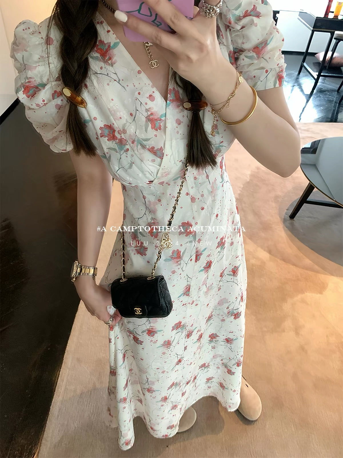 LUU Tao Xi'er – Women's Summer French-Style Floral V-Neck Dress with Puff Sleeves (Begonia Print) – Elegant & Chic Design