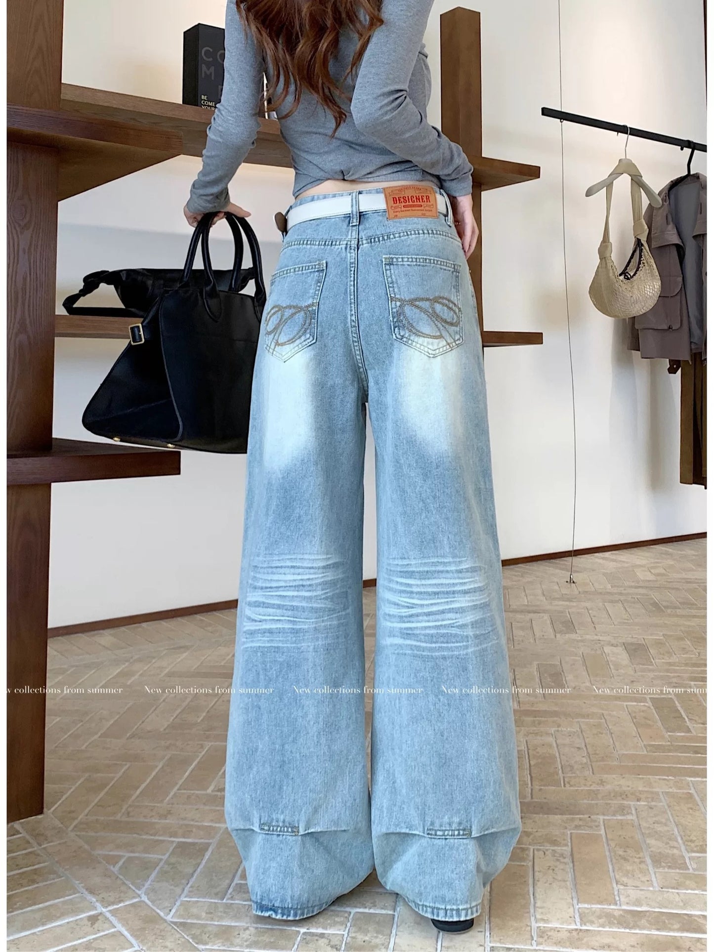Petite women's American retro pocket embroidered jeans, autumn 2025 new style, high-waisted, loose wide-leg pants.
