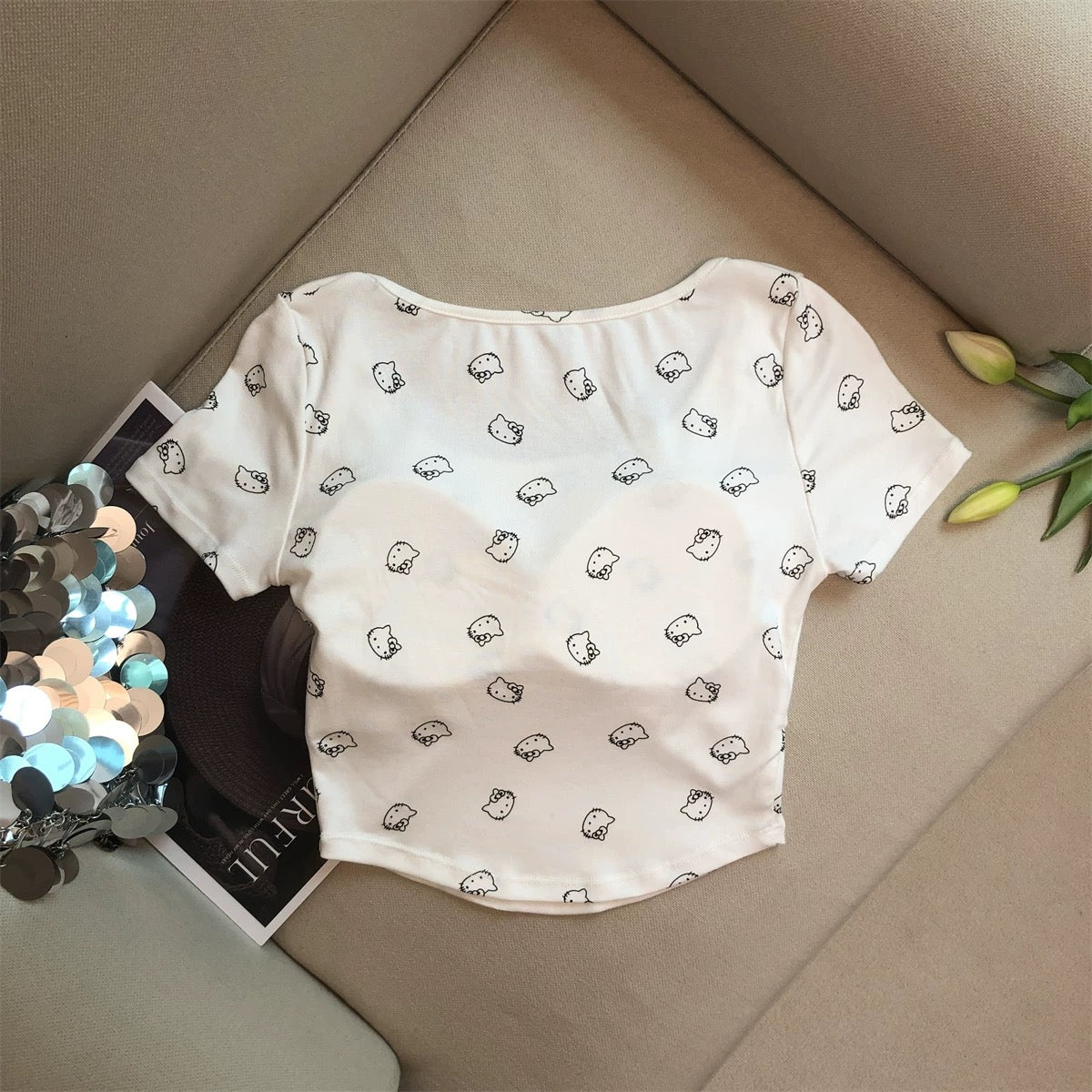 Jade Closet direct store recommendation ~ Small pure desire style cute cat with chest pad short-sleeved T-shirt small shirt