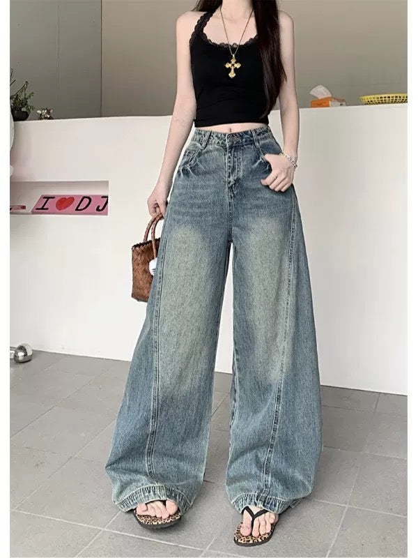 Retro high-street washed denim jeans for women, autumn 2025 new style, patchwork high-waisted wide-leg loose versatile floor-length trousers.
