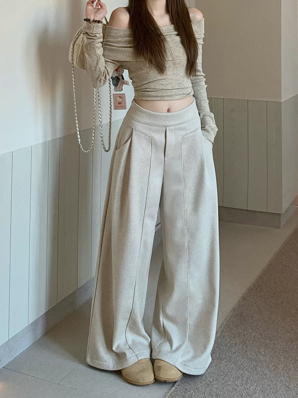 PPHOME Women's Stylish Pants with Stitched Woolen Fabric, Fleece Lined, Thickened, High-Waisted, Wide-Leg Pants