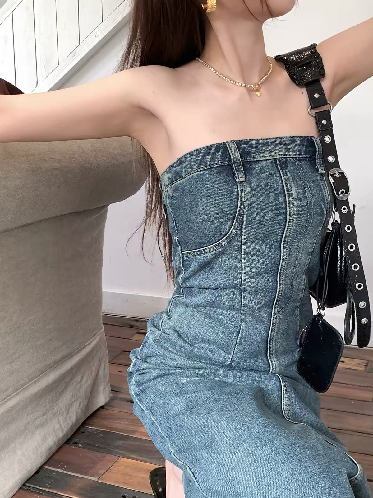 SYA Xi Xiaoxi Women's Retro Blue Strapless Denim A-Line Maxi Dress – New Slim-Fit Autumn Style